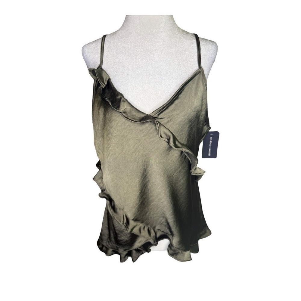 Melrose and Market Olive Green Satin Cami Top Ruffle V Neck Sleeveless Medium
